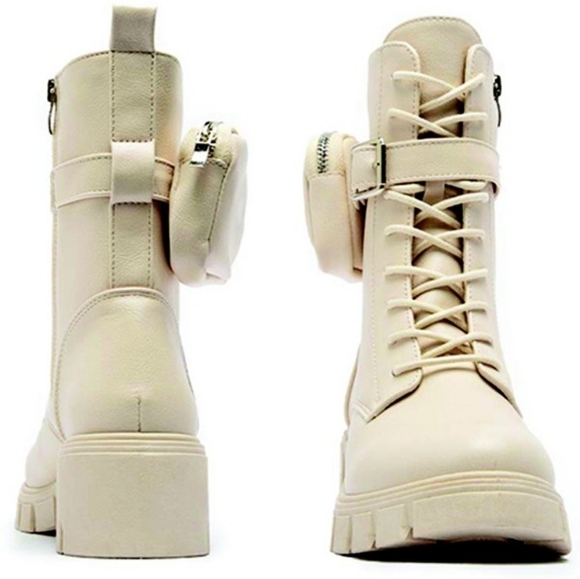 QUPID Side Pouch Pocket Combat Boot Ankle Booties Textured Platform Lace-Up New - Picture 2 of 10